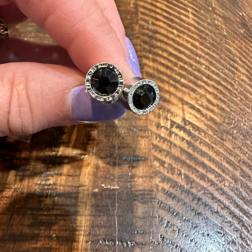 Silver Round Black Crystal Anti Allergic Stainless Steel Earrings